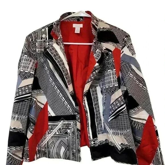Chico's Women's Red/White/Black Cotton Blend Geometric Print Open Front Lined Ja - Picture 1 of 12